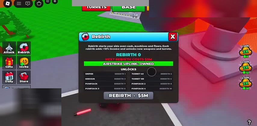 Rebirth panel listing Sniper Minigun and turret unlocks