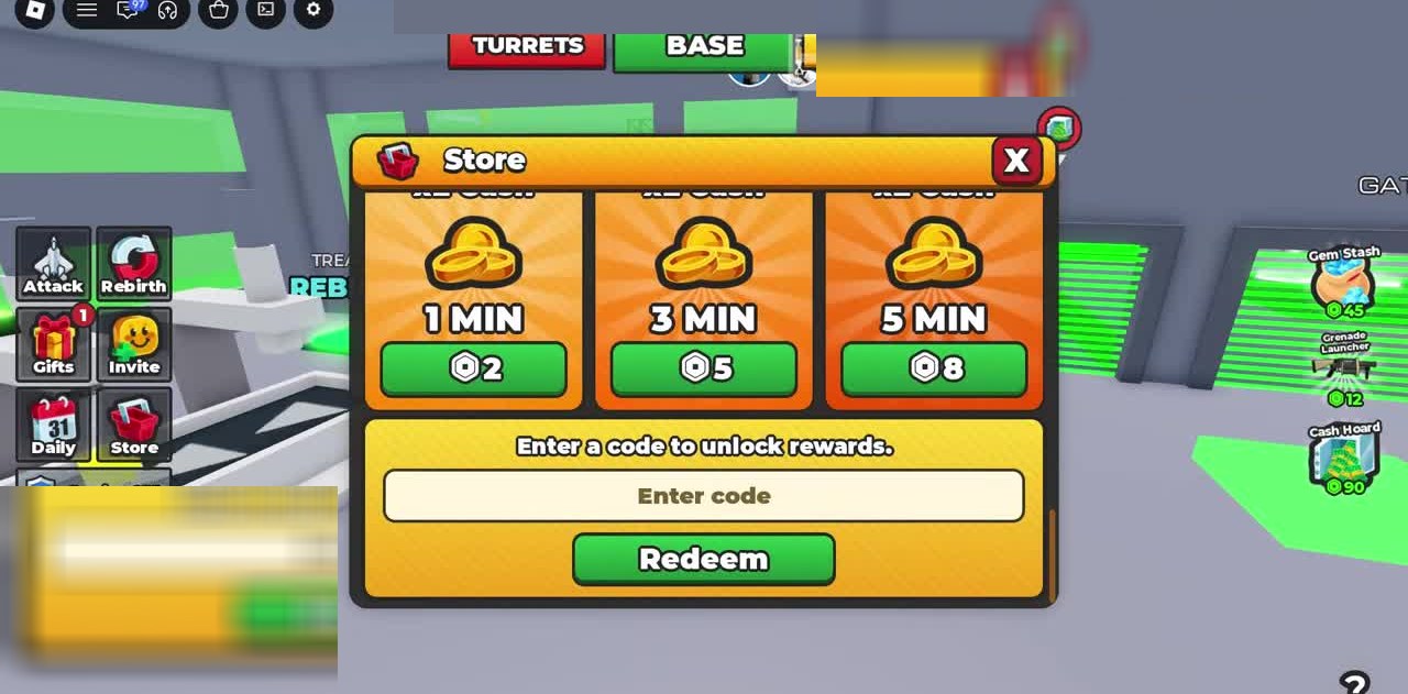 Store open with code box and Robux weapon offers on the right rail
